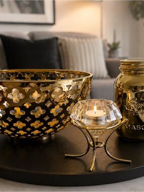Gold Decorative Bowl and Diamond Candle Holder & gold mason jar - Home Accents